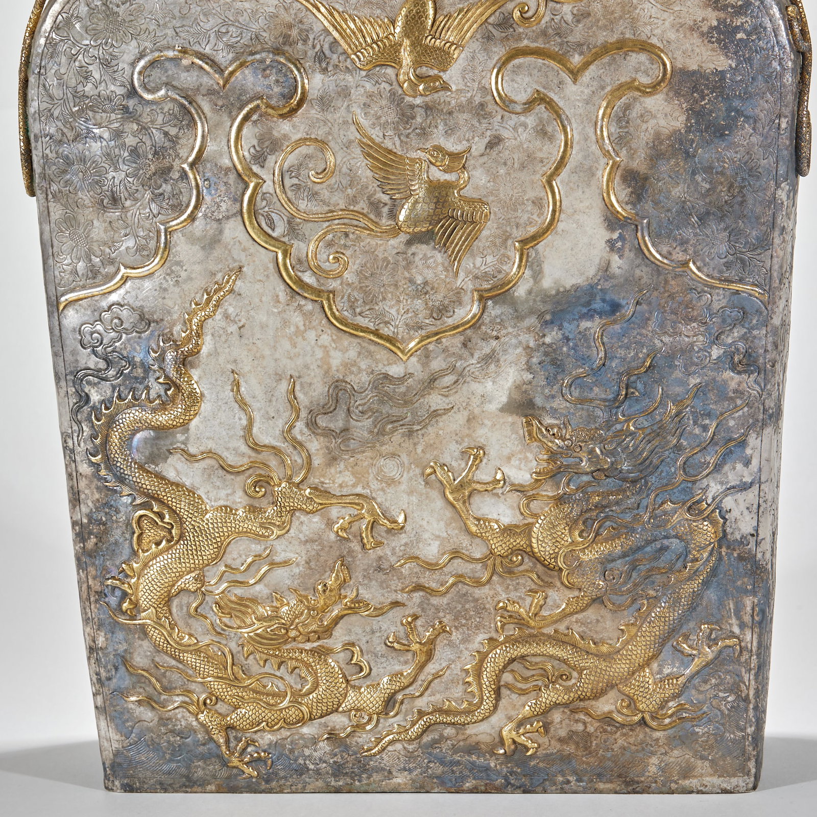 Silver-gilded flat pot with dragon and phoenix patterns - 9