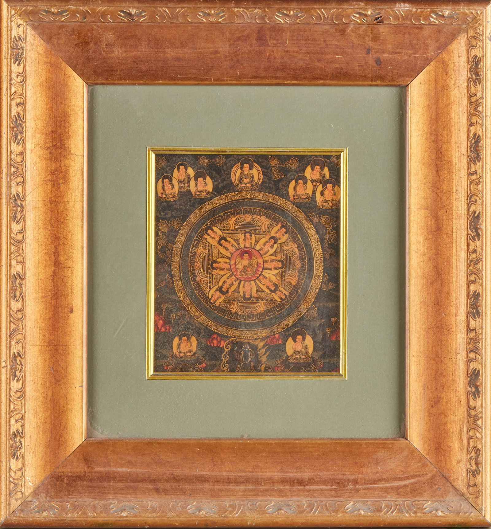 Tancheng Tangka: Square thangka, with a black background, is painted in a large number of gold colors. The center is the Dharma Wheel of Tancheng, with the wheel core seated as the Lord, and the wheel rings arranged t