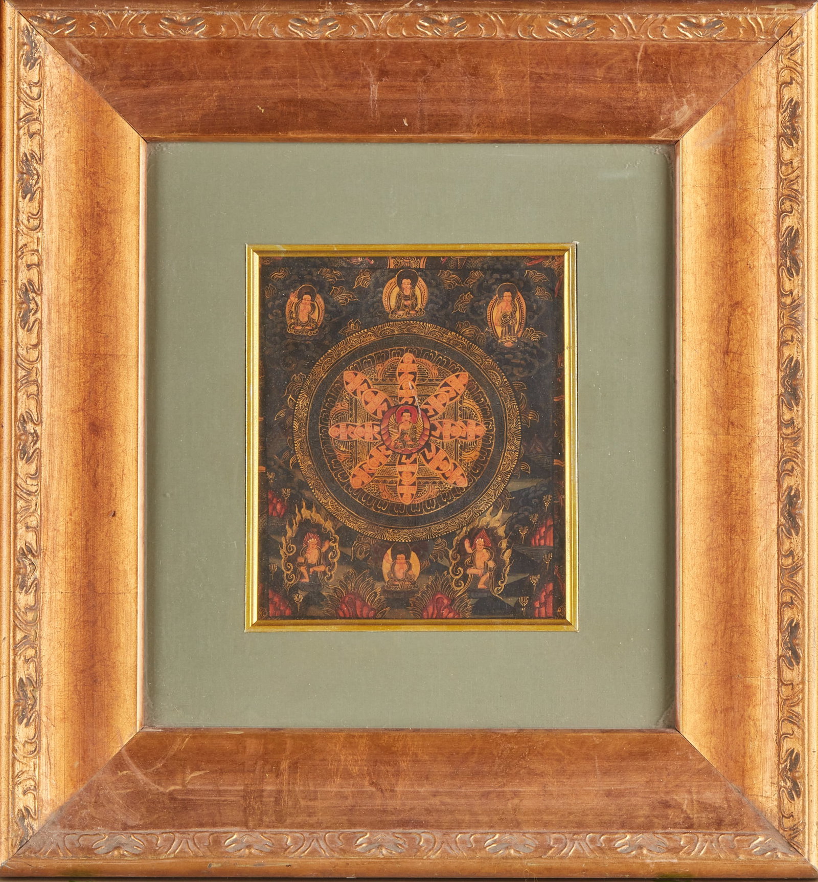 Tancheng Thangka Mirror Frame: Tangka with square black background, painted in gold and red. The center is a cross-shaped Vajrayana, with a main statue in the middle. All buddhas and dharma statues are arranged around the