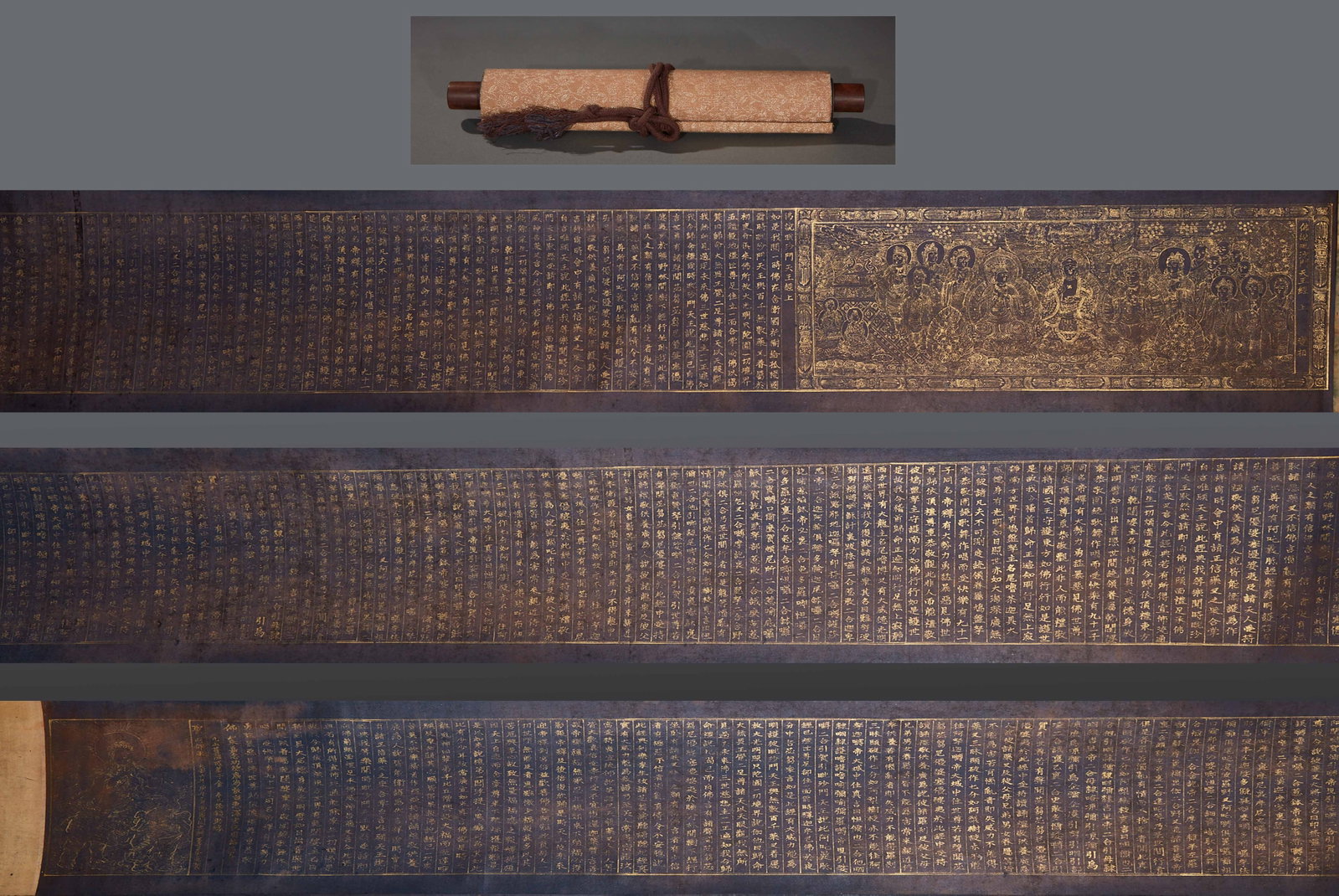 On the Scripture of the King of Pishamen, said by tracing gold and copying Buddha by hand.: Scroll packing, with brocade head outside, wooden scroll at both ends, tied with rope. The scrolls are based on dark blue paper, and the scriptures are copied in small block letters throughout. The fr