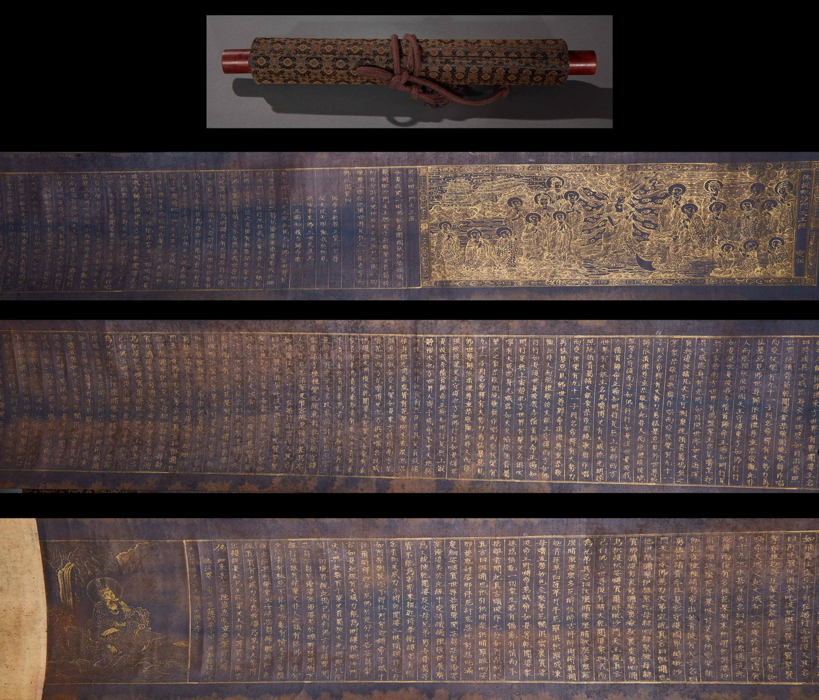 Tracing gold and copying Buddha's sutra of Pishamen Heavenly King: The scroll is packed with brocade head, wooden shafts are arranged at both ends, and ropes are tied for storage. Dark blue backing paper, writing scriptures in clay gold, neat handwriting. At the begi