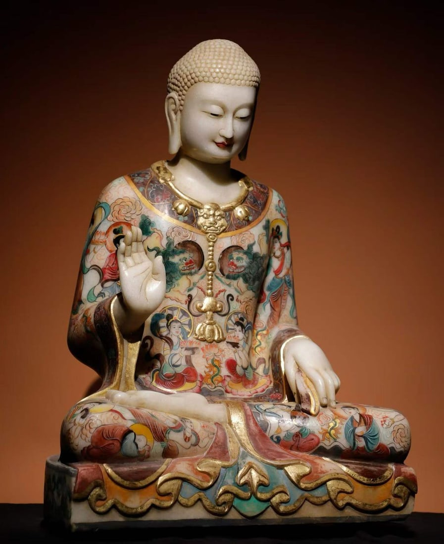 White marble painted Buddha statue - 2