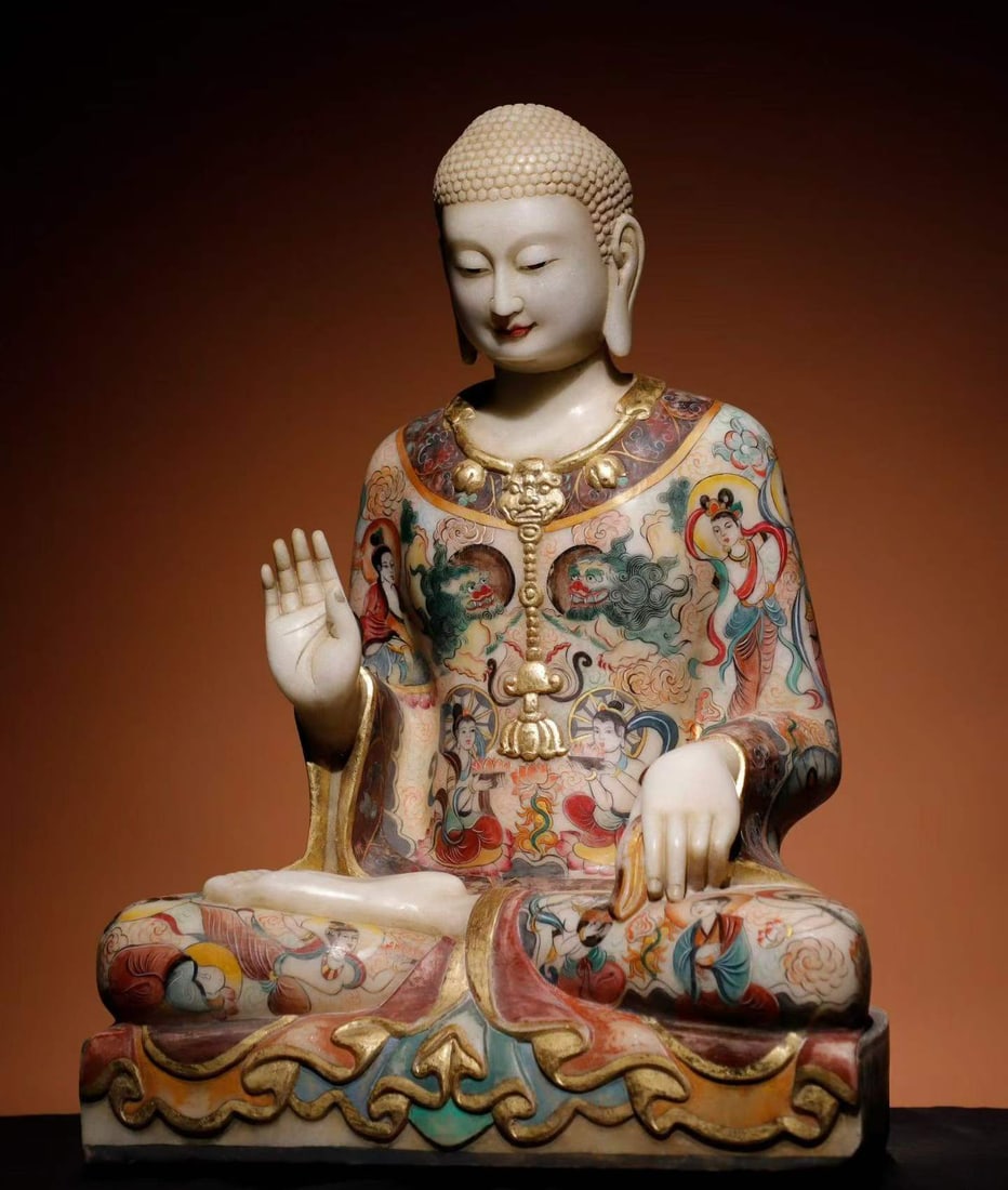 White marble painted Buddha statue - 3