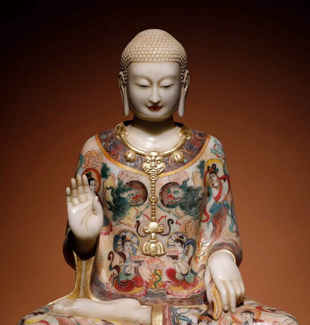 White marble painted Buddha statue - 4