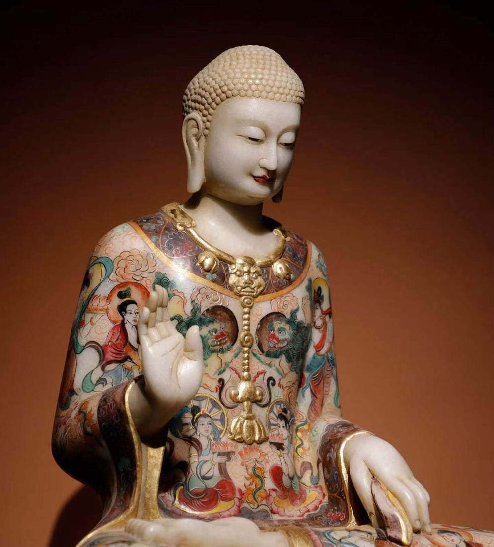 White marble painted Buddha statue - 5