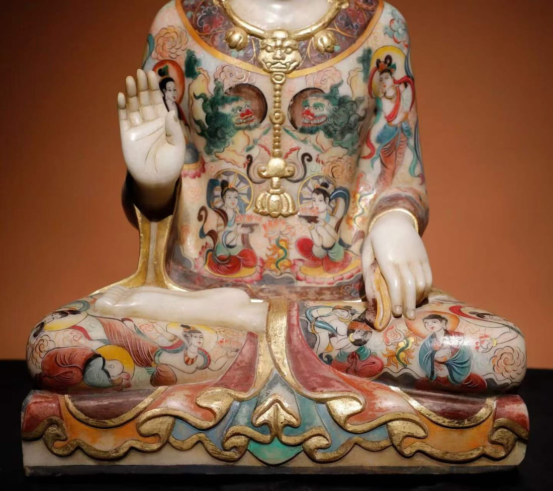 White marble painted Buddha statue - 6