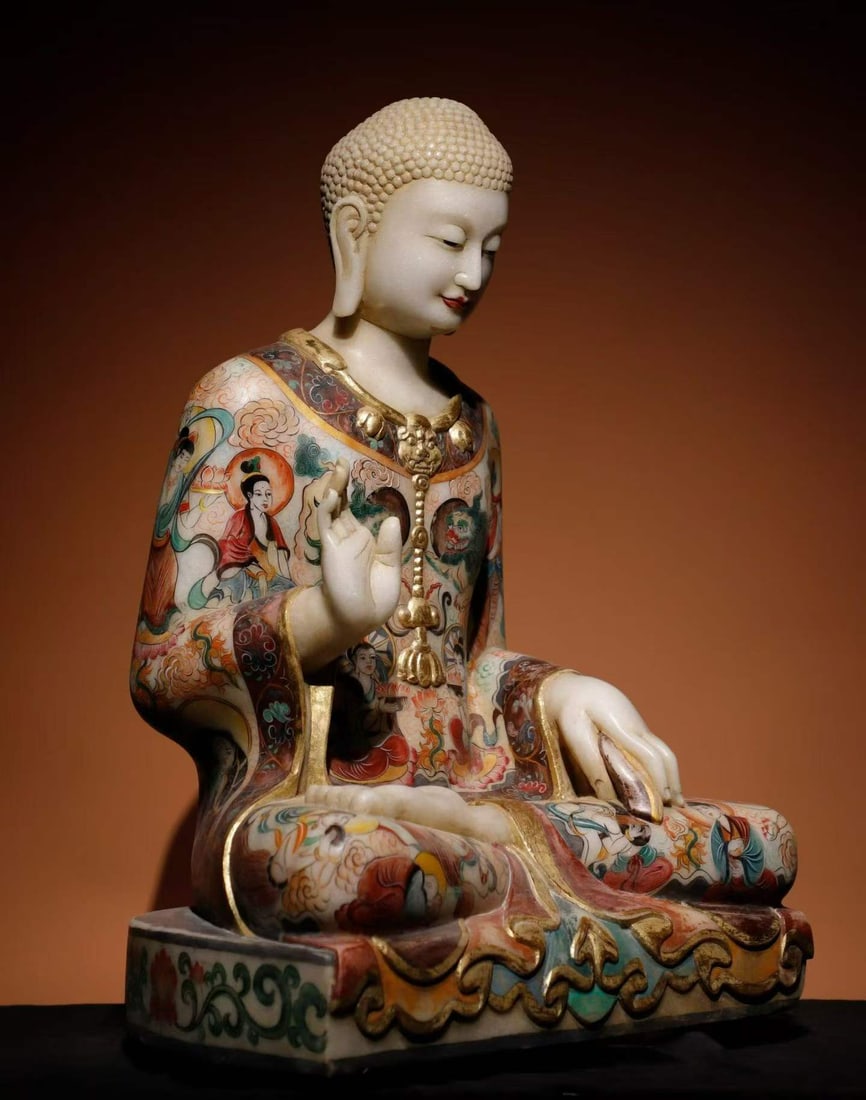 White marble painted Buddha statue - 7