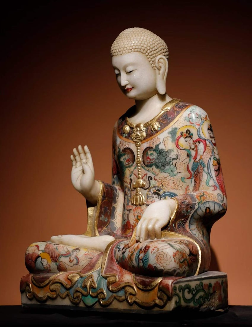 White marble painted Buddha statue - 8