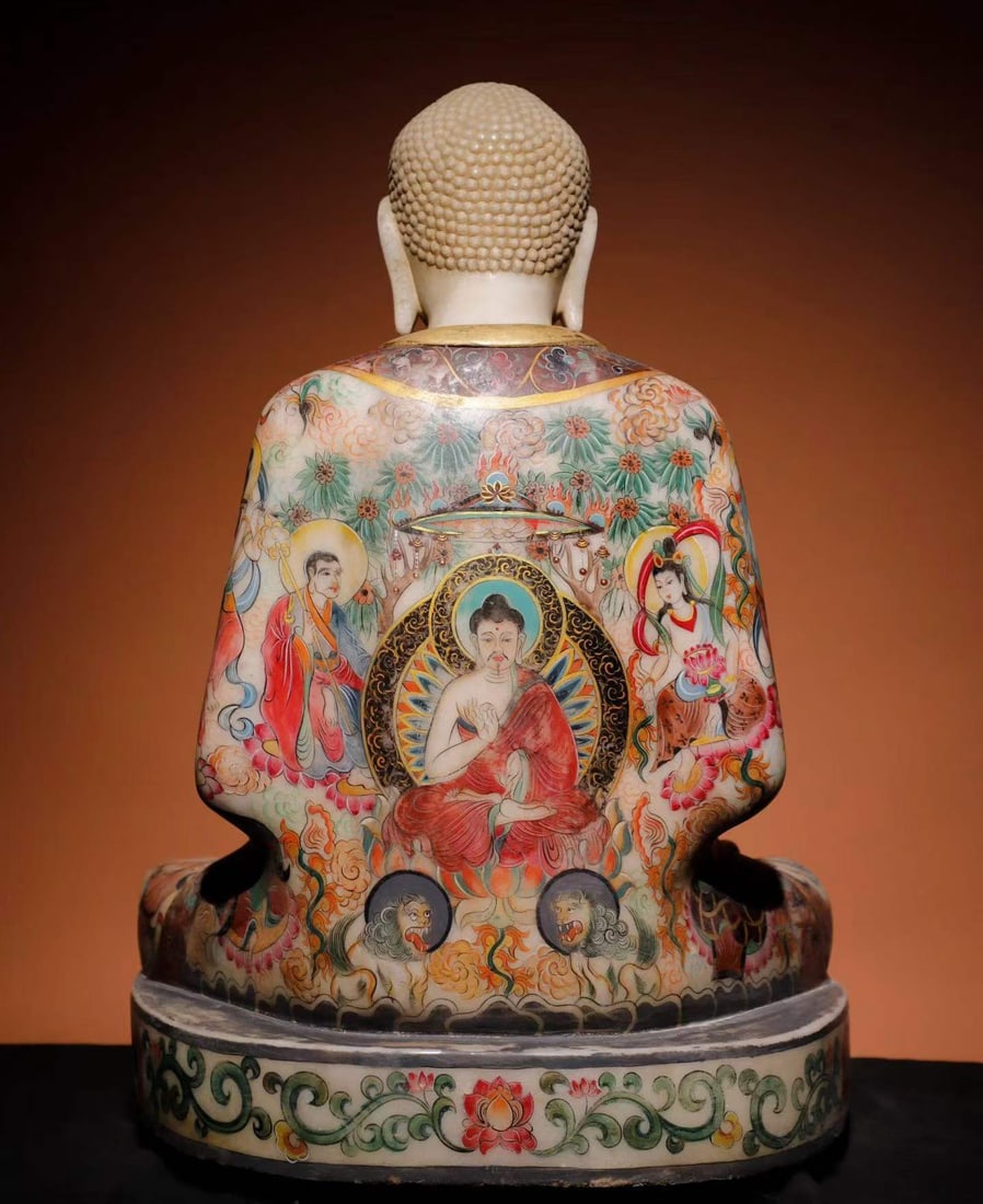 White marble painted Buddha statue - 9