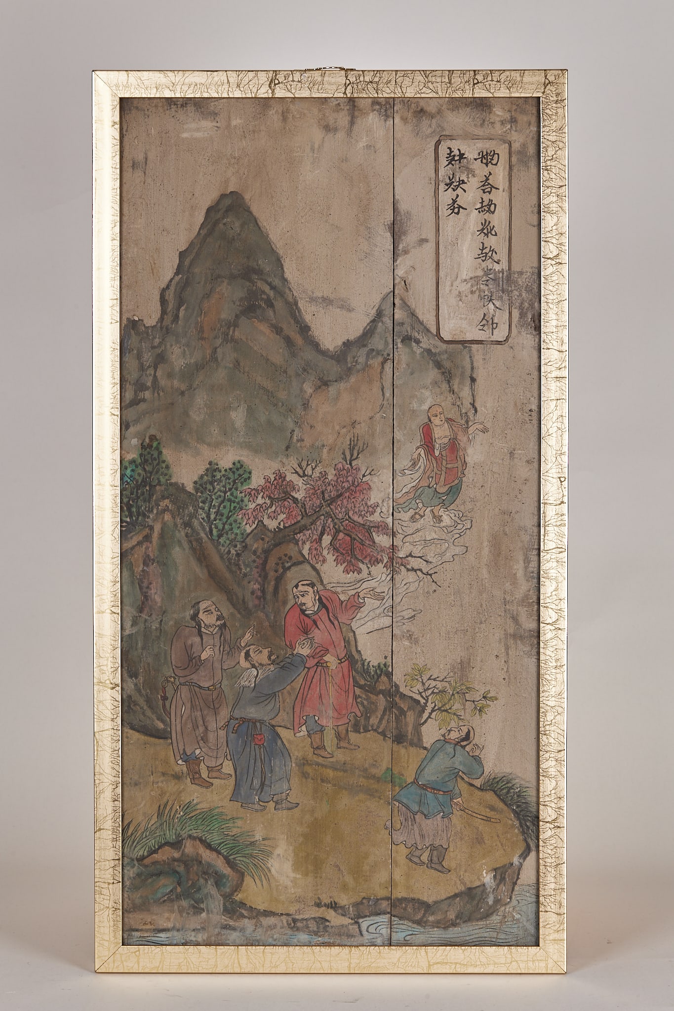 Baimufo banhua 3: Double-piece wooden board as the bottom and external picture frame. Landscape figures are painted on the board, rocks and trees are colored, several ancient figures are drawn on the screen, and the
