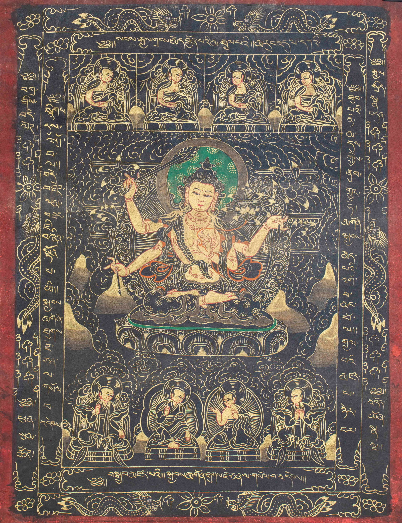 Four-armed Guanyin Thangka: Based on the black ground, it is drawn by the process of gold painting and color painting. The Lord of the center is a four-armed Manjusri Bodhisattva, sitting on the lotus platform, holding