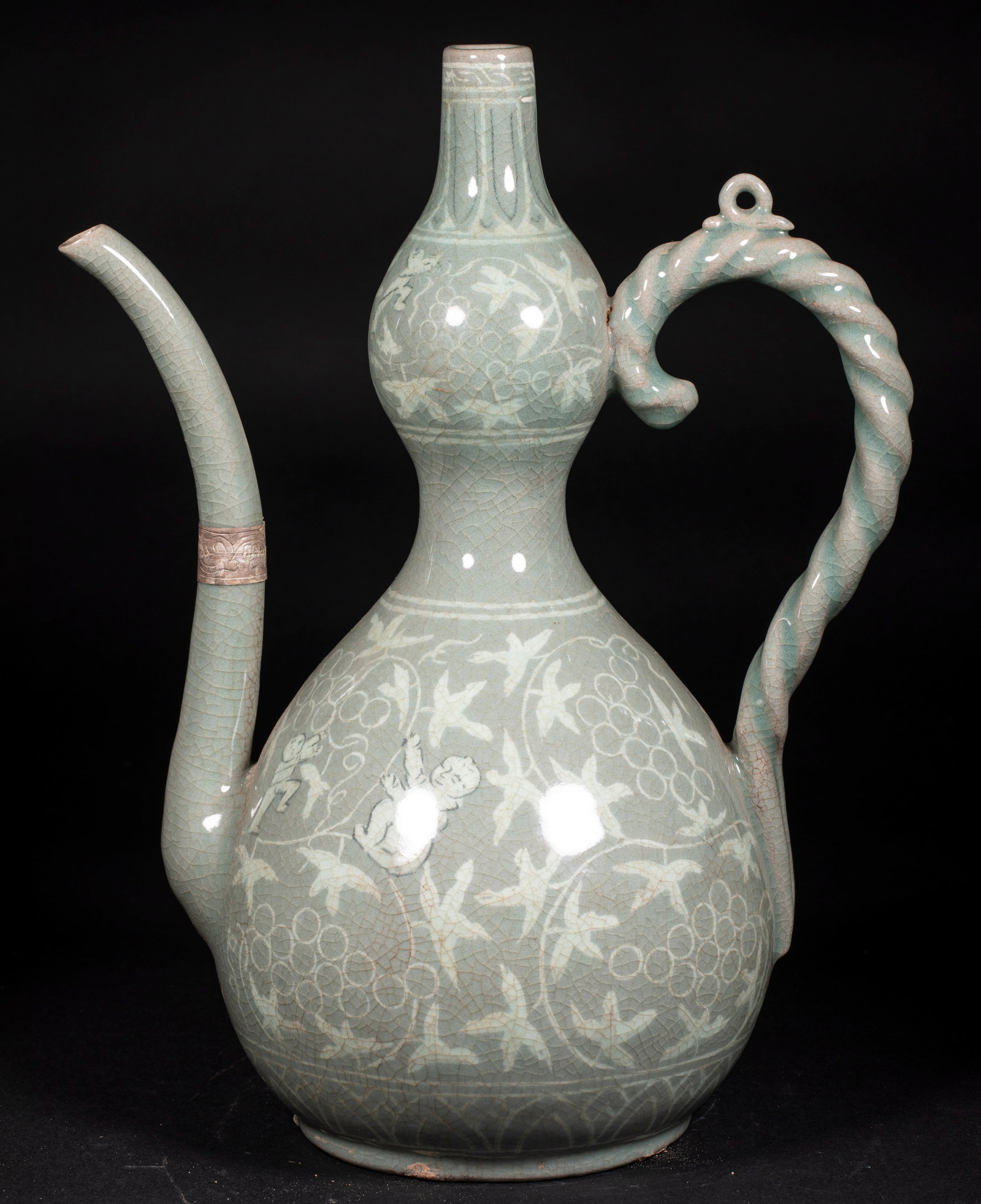 Koryo celadon covered with silver, multi-seed and multi-blessing gourd holding pot (1 of 17)