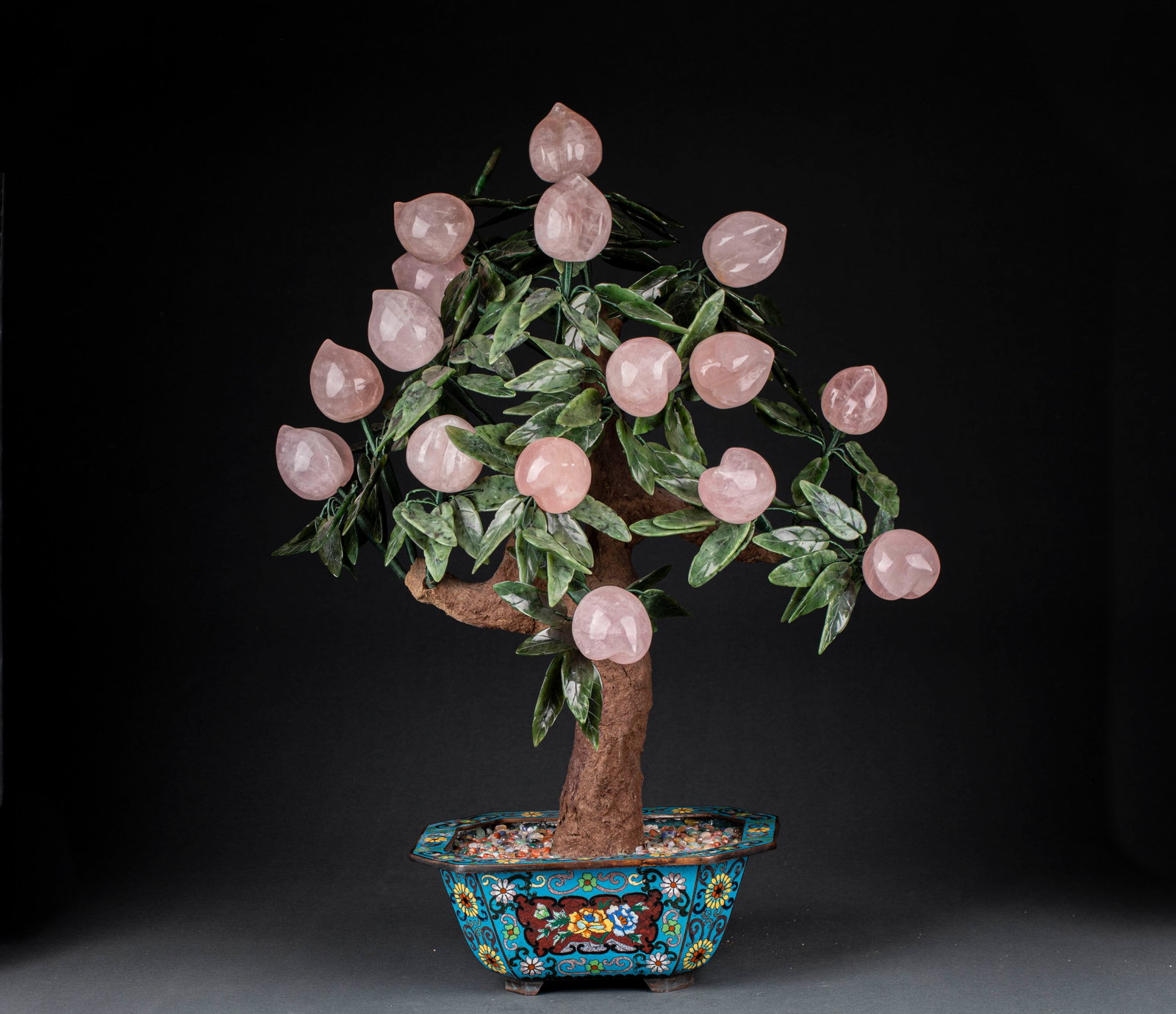 Fu shou qi zhi shou Tao bonsai: Square Japanese horn cloisonne enamel flowerpot, the pot body is blue, and the flower pattern is painted by cloisonne enamel technology. Gravel is laid in the basin, and the trunk is bionic shaped. Th