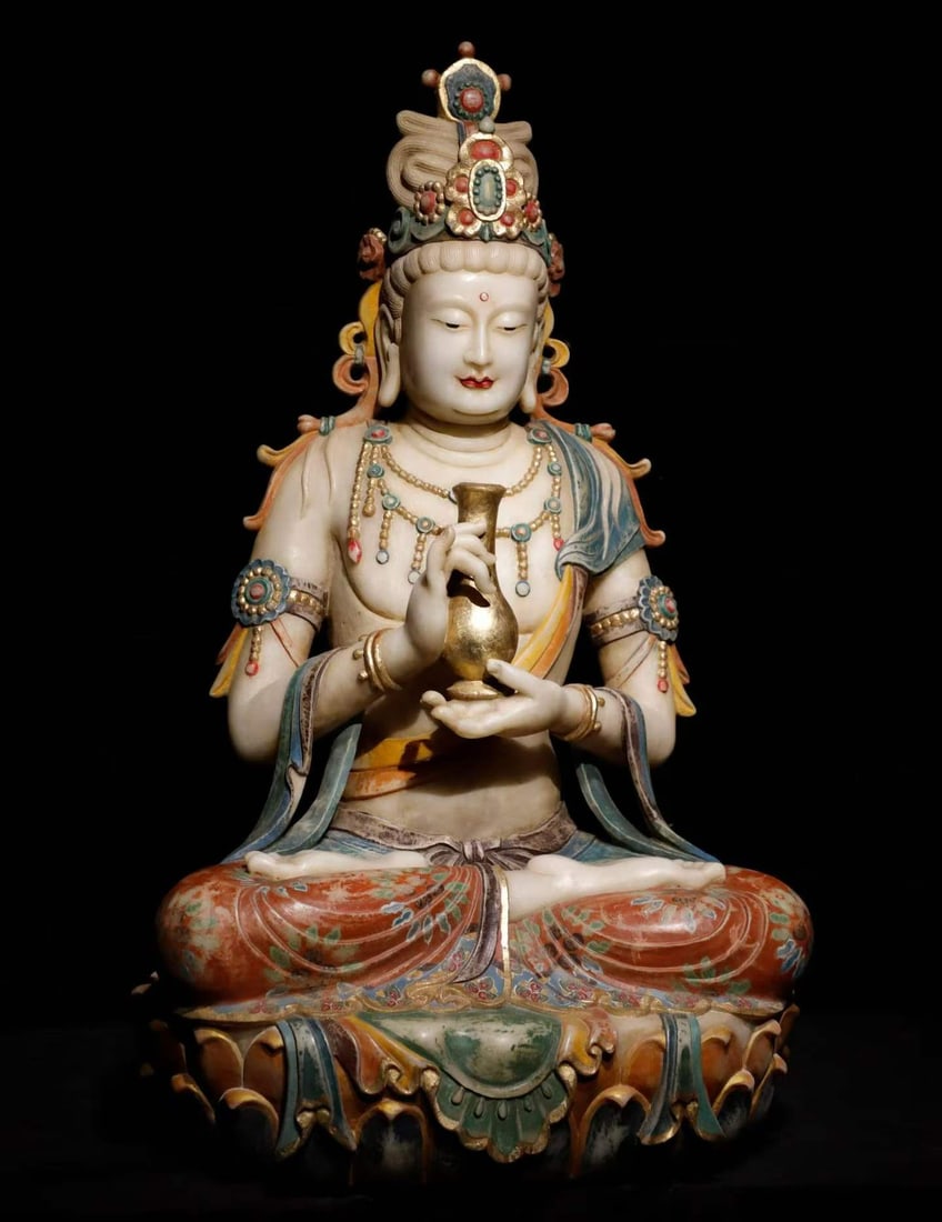 White marble painted Guanyin - 4