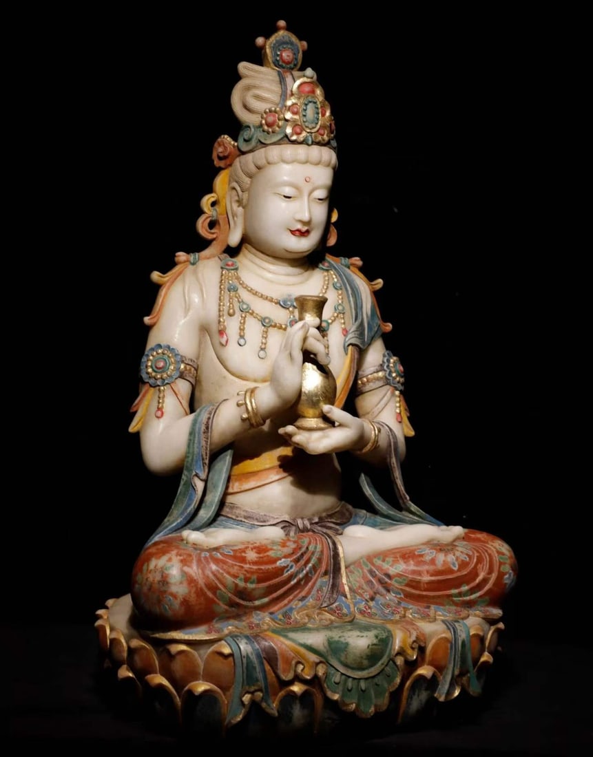 White marble painted Guanyin - 5