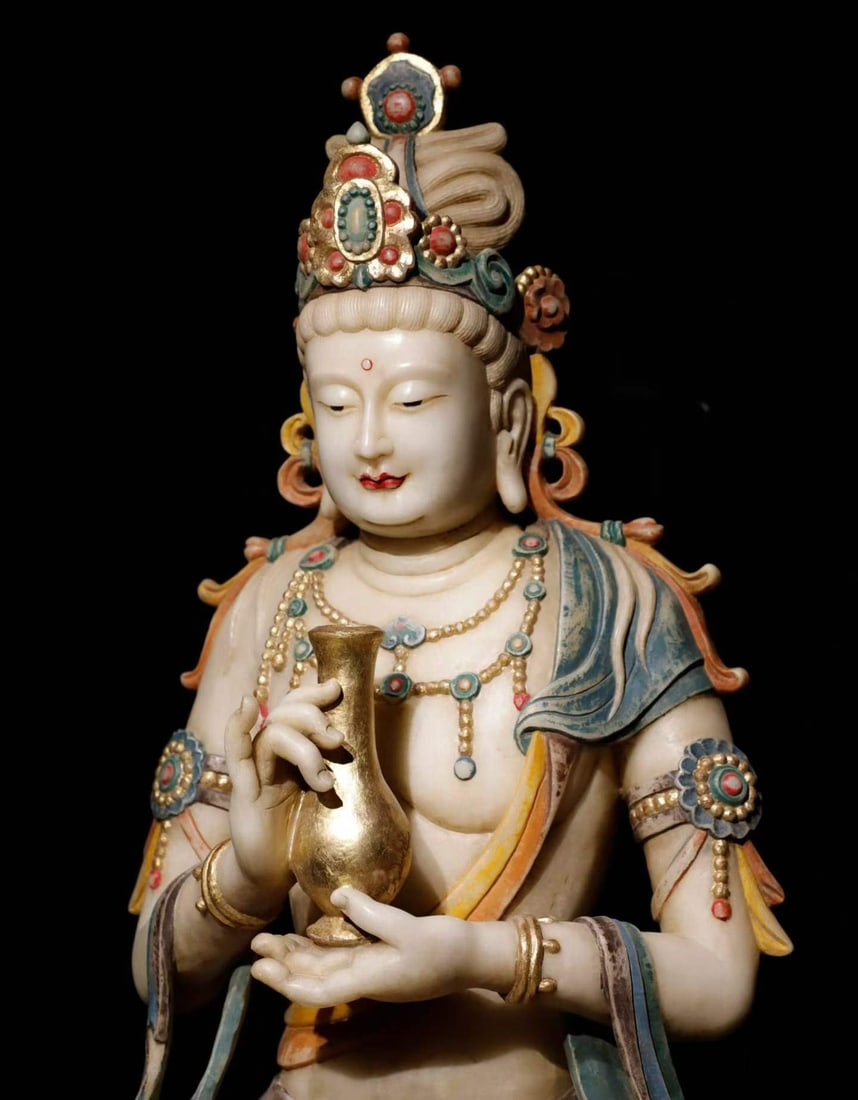 White marble painted Guanyin - 8