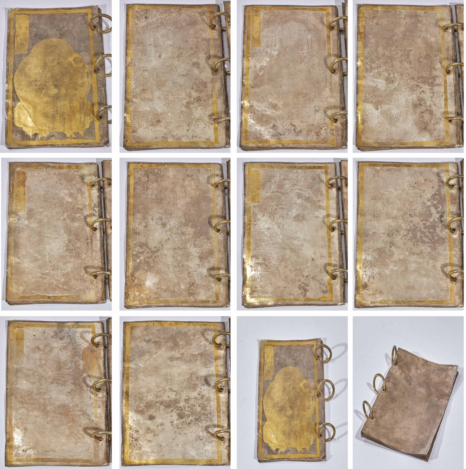 Silver-gilded Buddhist scriptures: A complete set of metal album pages, bound by metal rings. Each page is surrounded by gilded frames, the base of the page is silver, and the surface is covered with mottled oxidation and corrosion tra