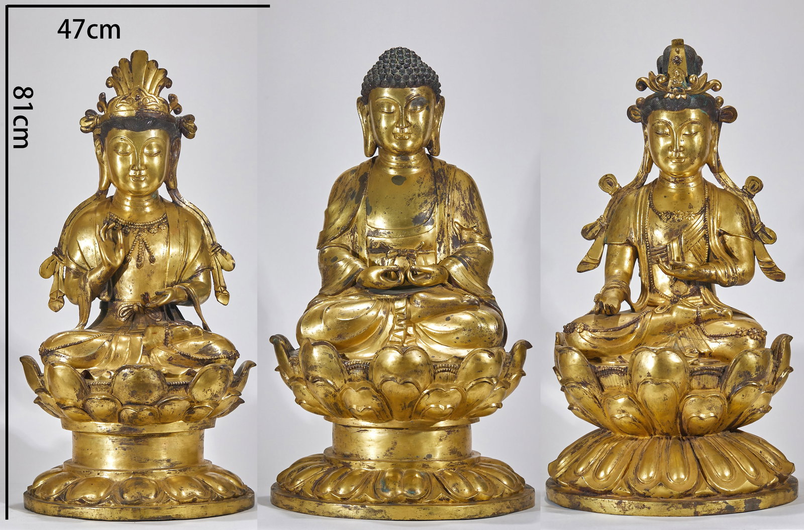 Three Western Sages in Liao Dynasty: Three complete sets, gilded with copper, 81 cm high and 47 cm wide. All three statues are sitting on the double-deck lotus platform. On the left side, the Buddha is dressed, wearing a treasure crown,