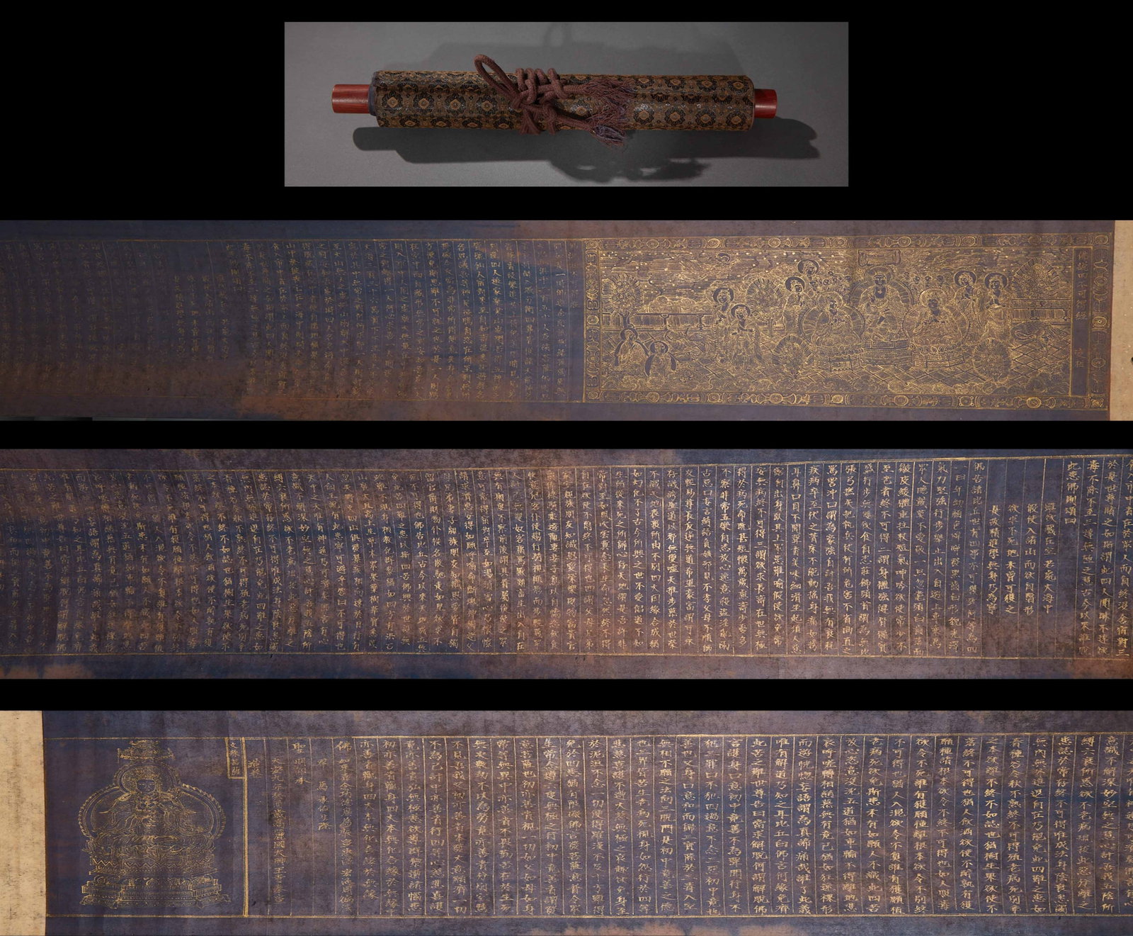 The theory of tracing gold and copying Buddha by hand says that there are four things that cannot be: Scroll-mounted, with blue magnetic blue paper as the bottom, all characters and decorations are written and painted in clay gold. At the beginning of the volume, a disguised version of the statement i