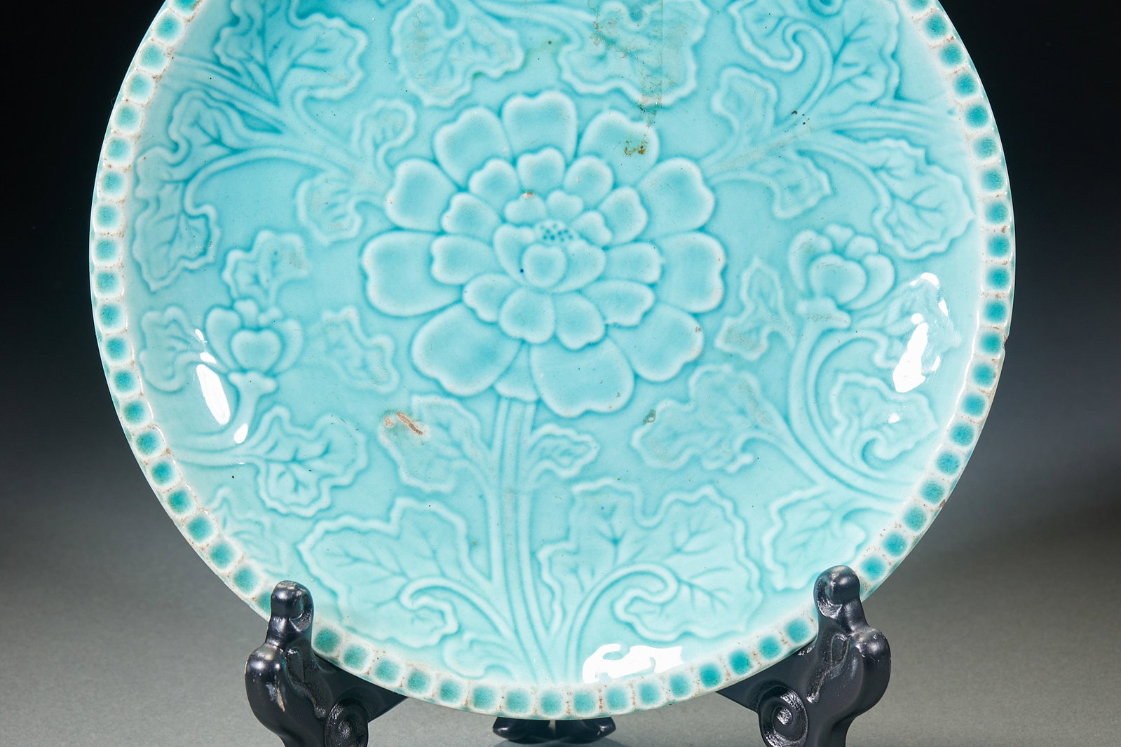 Blue glazed flowered plate - 3