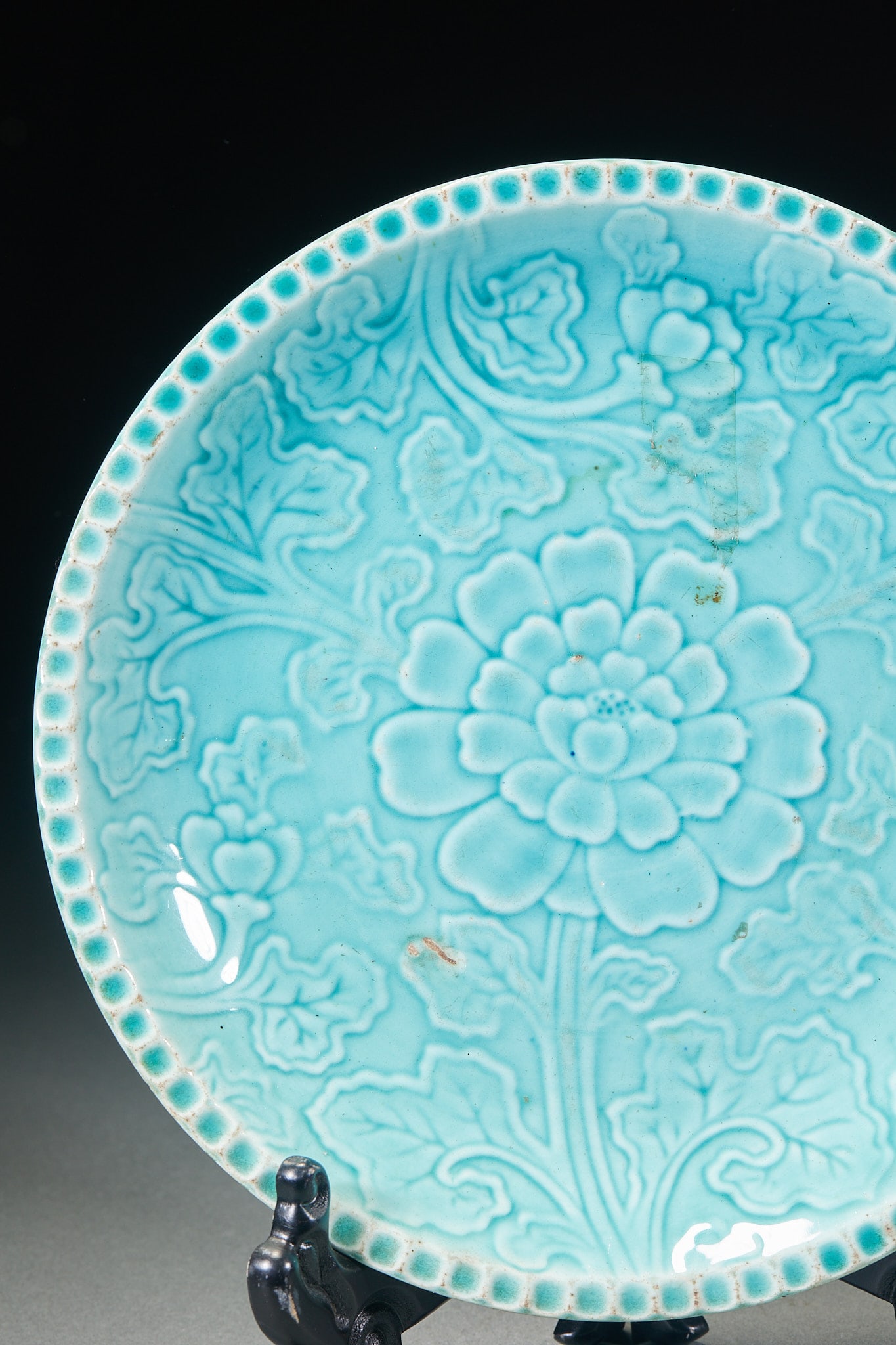 Blue glazed flowered plate - 4