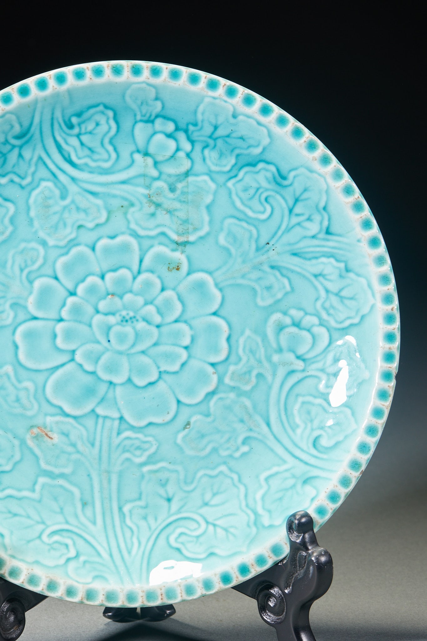 Blue glazed flowered plate - 5