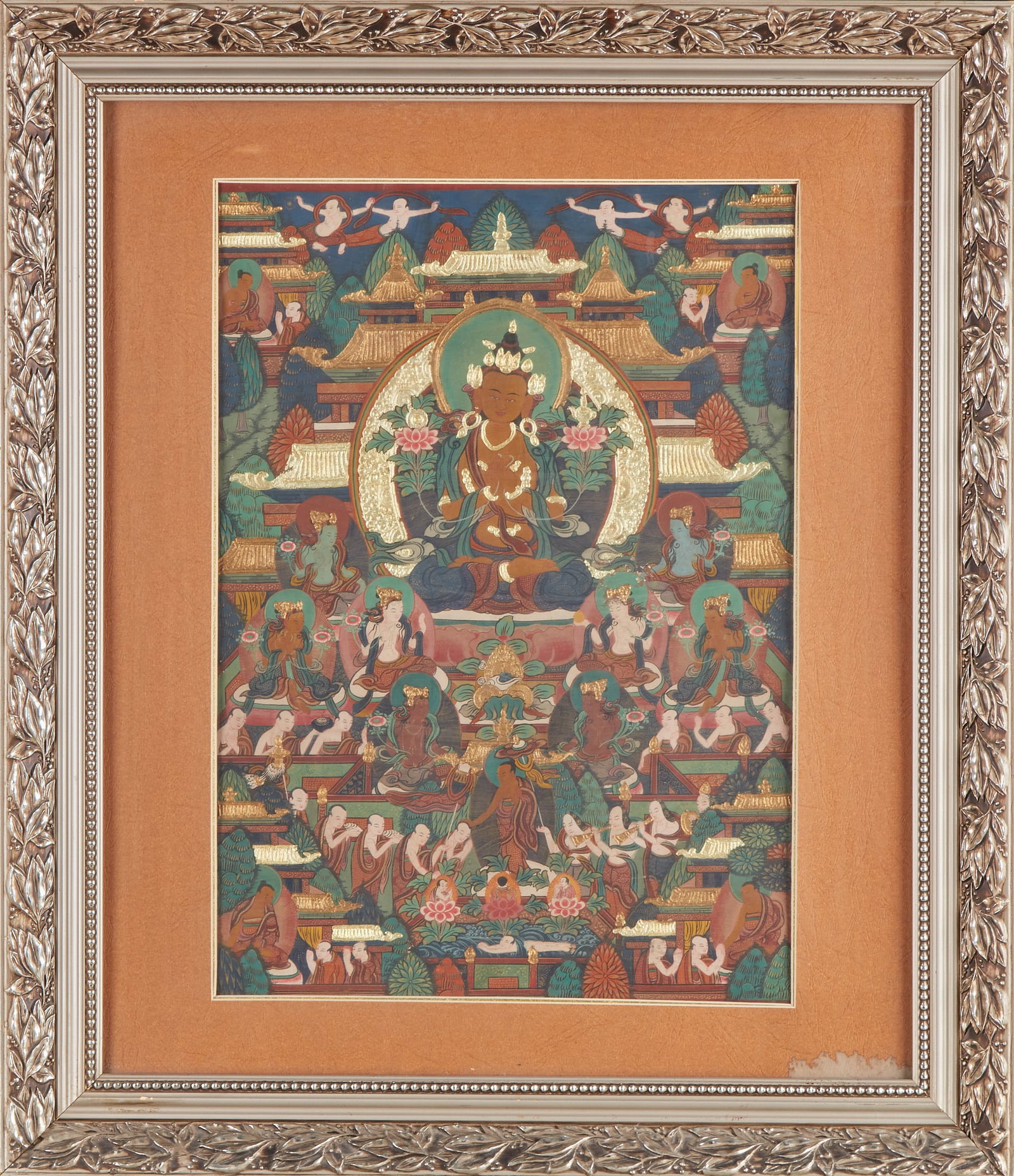 Maitreya Bodhisattva (Jumba Buddha) leads the pure land of Thangka.: The master of the picture is the Green Tara, sitting on the lotus platform, adorned with jewels and holding lotus flowers in each hand. Behind the main statue is a multi-storey Jinding Buddhist temple