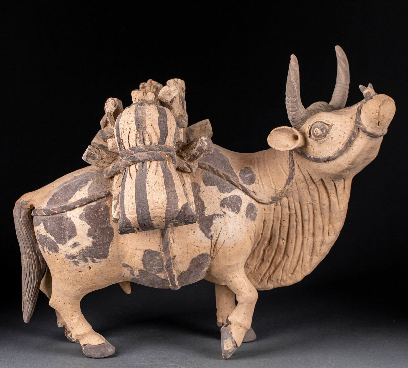 Painted pottery ox ornaments: The whole device is a ceramic statue of a cattle carrying goods. The body of the cow is strong, with black and white mottled colors, the horns stand upright, the eyes are clearly depicted, the nose