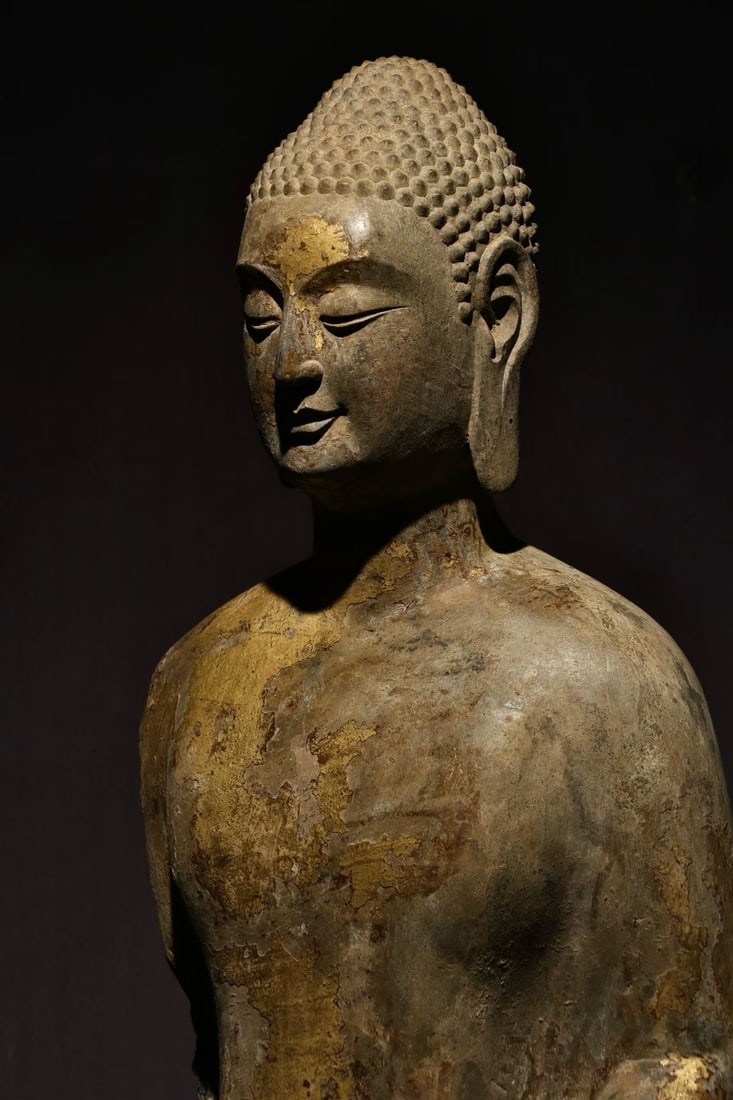 Gold-plated bust stone Buddha statue - 7
