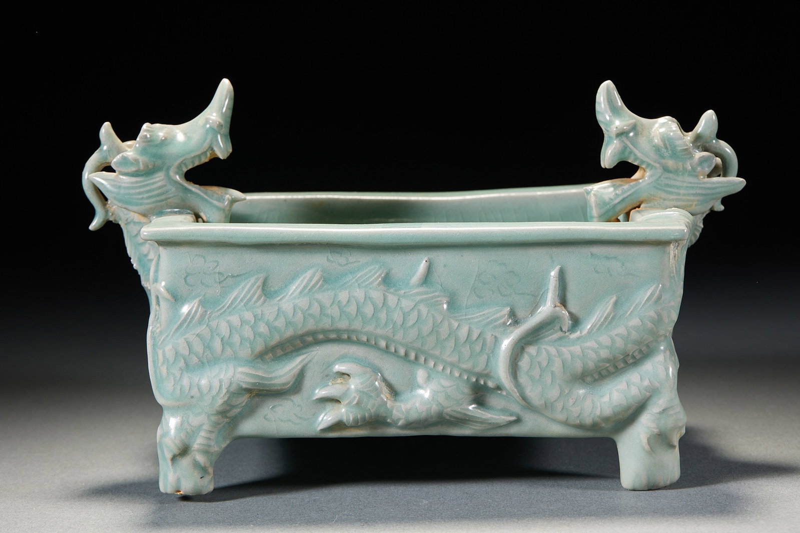 Celadon double dragon pattern four-legged square tripod - 2