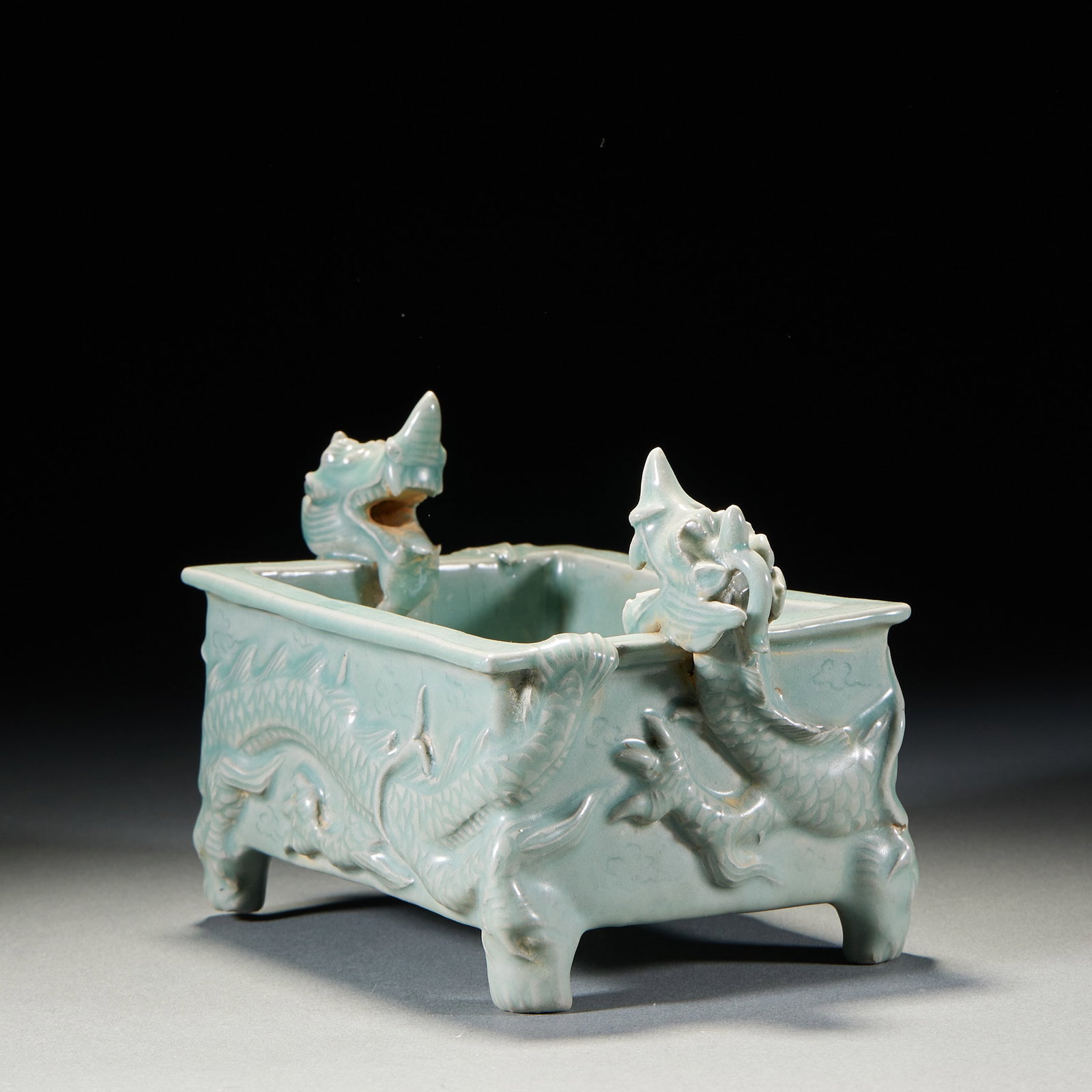 Celadon double dragon pattern four-legged square tripod - 4