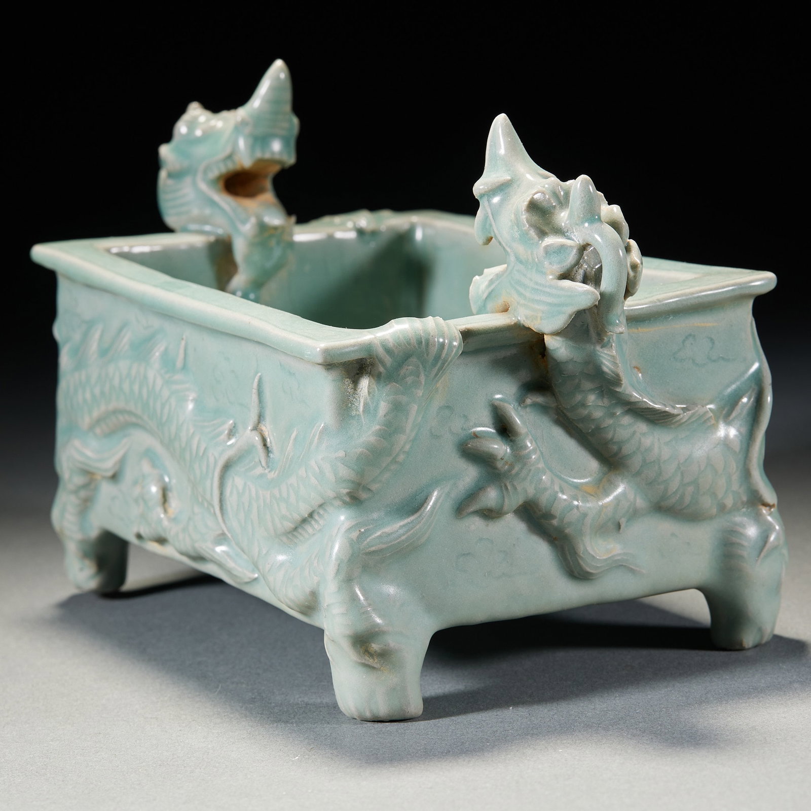 Celadon double dragon pattern four-legged square tripod - 5