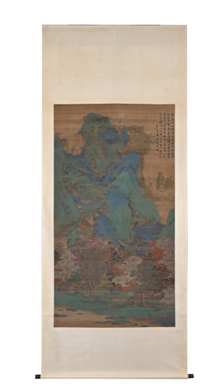 Six-foot landscape map of Tang Yin: The silk book is colored and completely mounted on the vertical shaft. The picture shows a large green landscape, with rocks stained with azurite and stone green, mountains are stacked, mangroves and