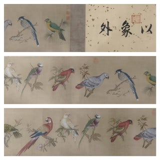 Lang Shining flower-and-bird map: The silk book is colored and hand-rolled, and it is displayed in three sections. The inscription "Outside the Image" can be seen at the front of the volume, and it is stamped with a red seal. The main