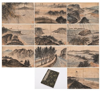 Fu Baoshi landscape album: A set of ten-page landscape albums, which are old paper copies and complete with brocade letter sets. Each opening is independently framed, including real landscapes such as coastal beaches, rivers