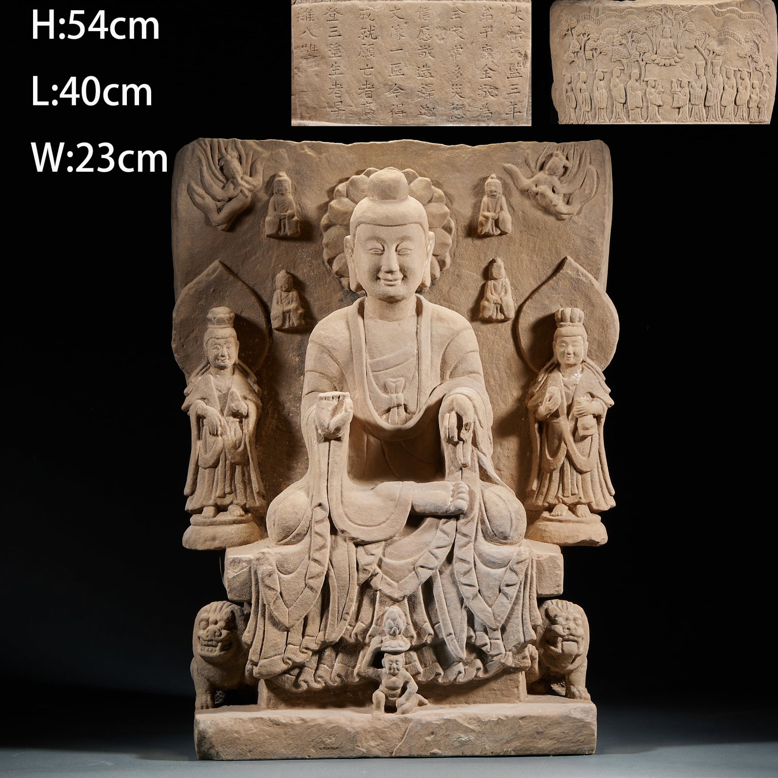 Stone statue of Sakyamuni in Daliang Tianjian for three years: The Lord respects sitting on a Buddha, sitting in a squatting position, and standing on the left and right sides with a threatening bodhisattva; Carving flying and sitting Buddha on the upper part of