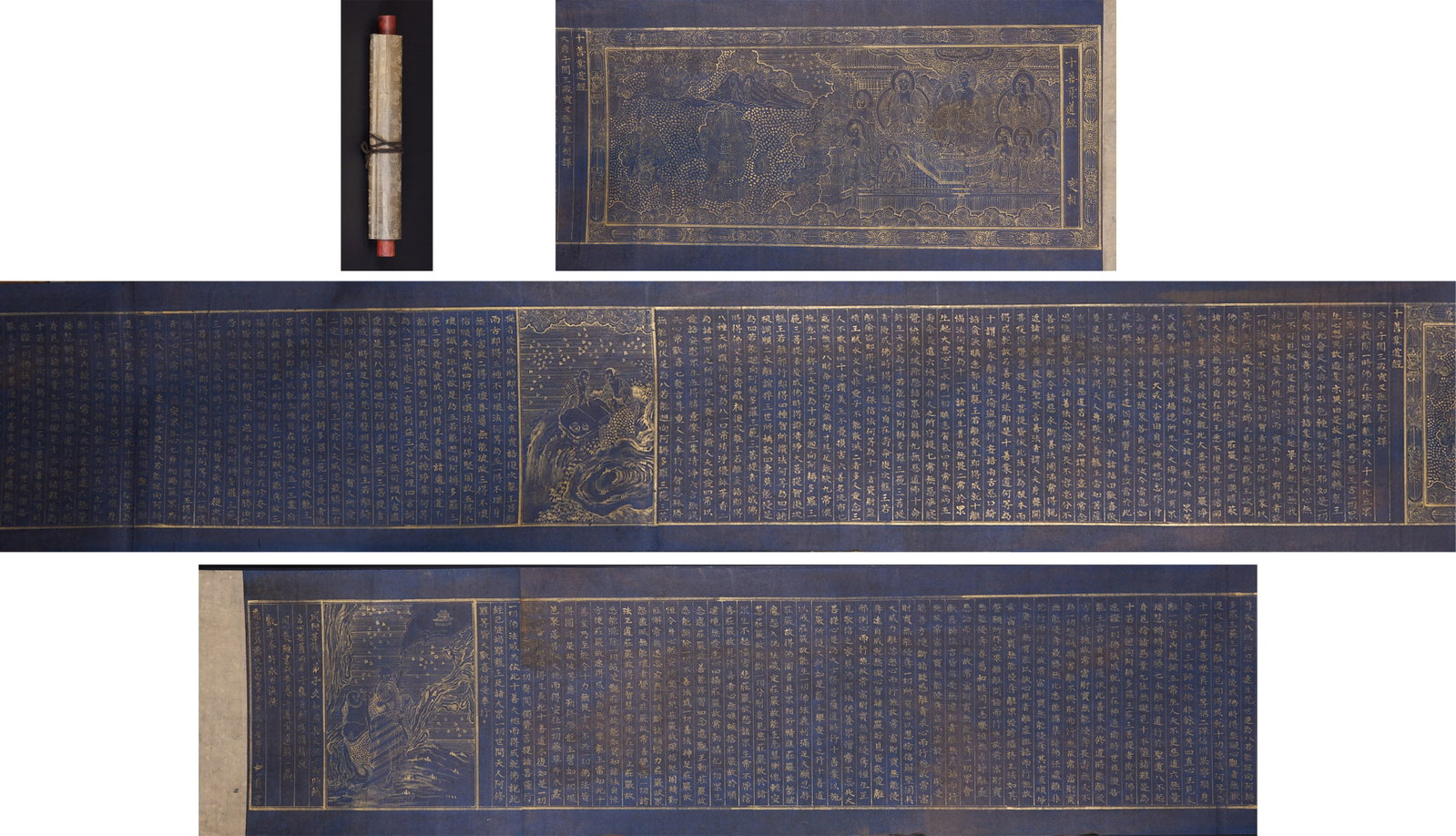 Ten good deeds (tracing gold): Paper clay gold is used to write long scrolls with dark blue fabric as the bottom, and all scriptures and prints are written and drawn with gold powder. At the beginning of the volume, a narrative