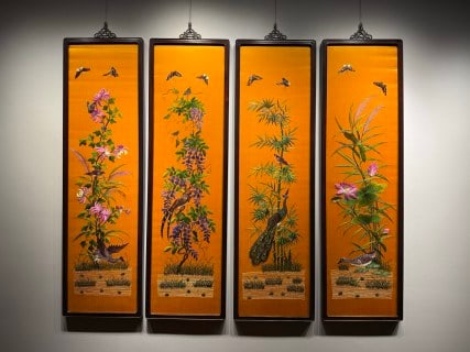 Four-Panel Embroidery of Flowers and Birds, Republic Period: A set of four embroidered hanging panels of the Republic period on silk ground. The four panels depict, in order, spring peach with paradise flycatchers, summer lotus with kingfishers, autumn chrysant