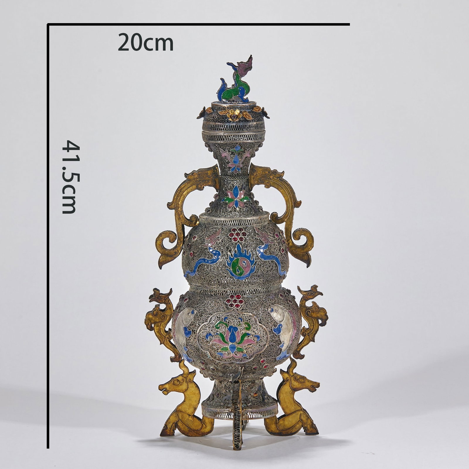 Filigree Gourd-Form Vase: A silver filigree, turquoise-enamelled (shao lan) gourd vase, partially gilded. The body is gourd-shaped with two lobes, fully of openwork filigree of extreme fineness. The upper lobe is enamelled