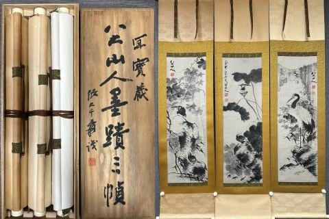 Badashanren Flower-and-Bird Triptych (Returned Collection): Three ink landscape hanging scrolls depicting lotus, cranes and birds on paper; original wood box inscribed 'Three scrolls of Badashanren's ink'. L 96 cm, W 30 cm.