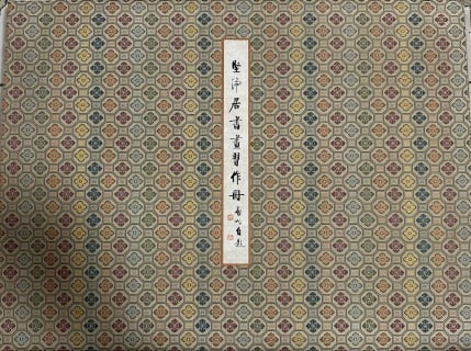 Qi Gong Flower Album of Eight Leaves: A calligraphy-painting album; the cover is traditional Song-style brocade with an eight-treasure pattern and a label reading 'Study practice album from Biju Studio', with signature and seals. An