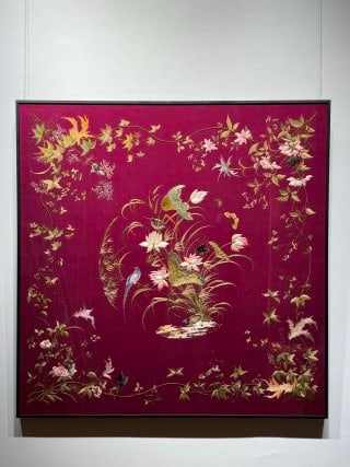 Embroidery of Lotus-Pond Charm, Republic Period: A large Guangdong (Guangzhou) embroidery on rose-red satin: the subject is a lotus pond with kingfishers and butterflies, surrounded by four-season flowers and birds. Rich in stitches and bold in