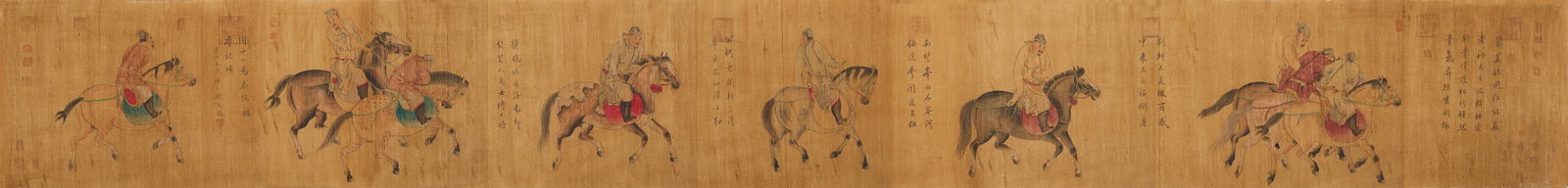 The Five Kings Return Drunk: Ren Renfa's (Yuan dynasty) celebrated work, a polychrome silk handscroll. It depicts the prince of Linzi Li Longji (before he ascended the throne as Tang Xuanzong) and his four brothers returning at