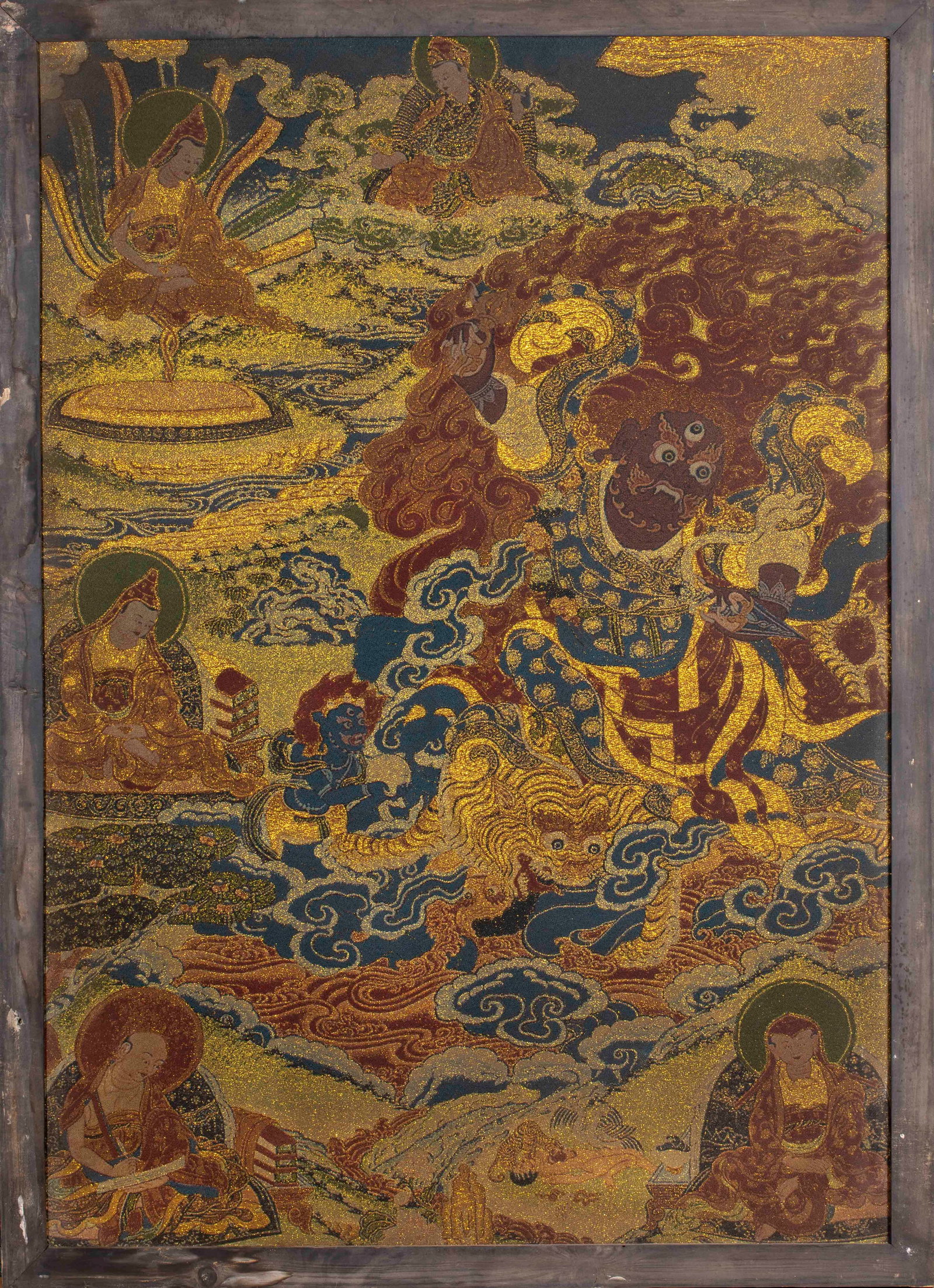 Pre-Ming Cypress Kesi Yamantaka Hanging Panel: On a dark ground, the principal is a guardian Wisdom King with wrathful expression, trampling an auspicious beast, surrounded by lamas and arhats. Thangka is a painting art unique to Tibetan