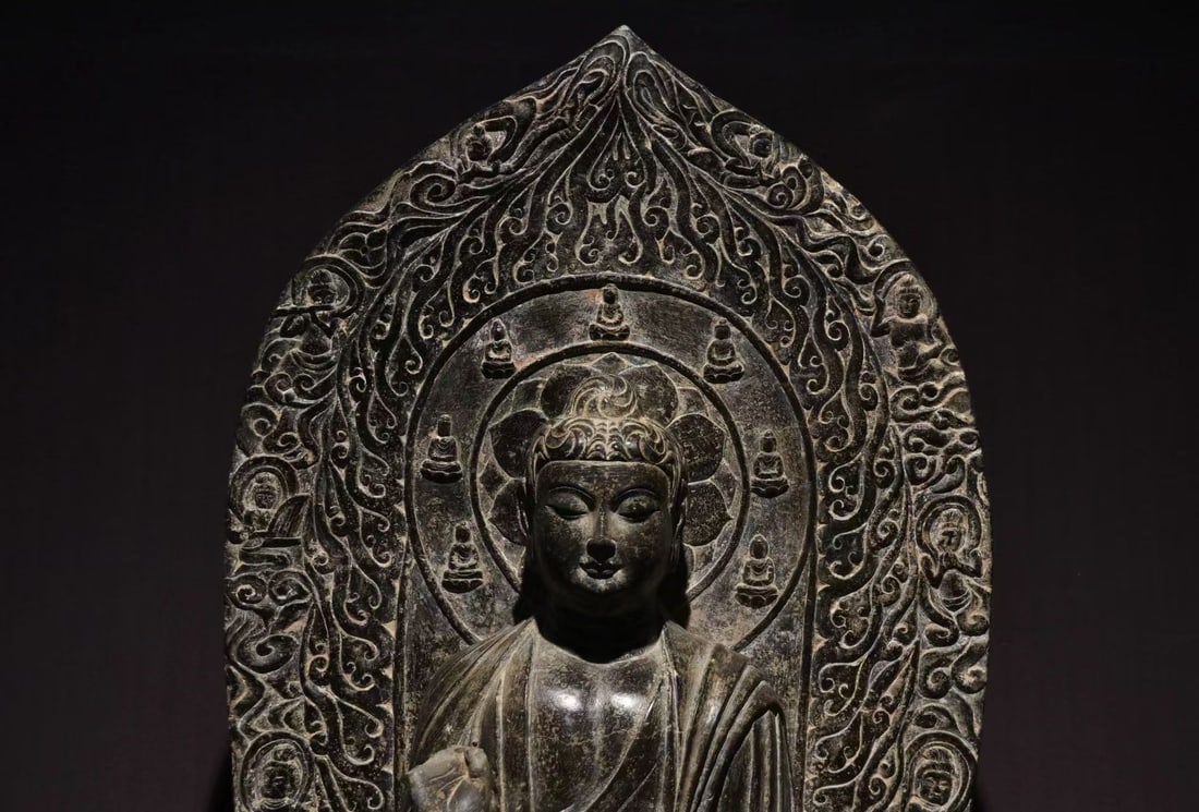 Grey-Stone Seated Buddha with Backrest - 2