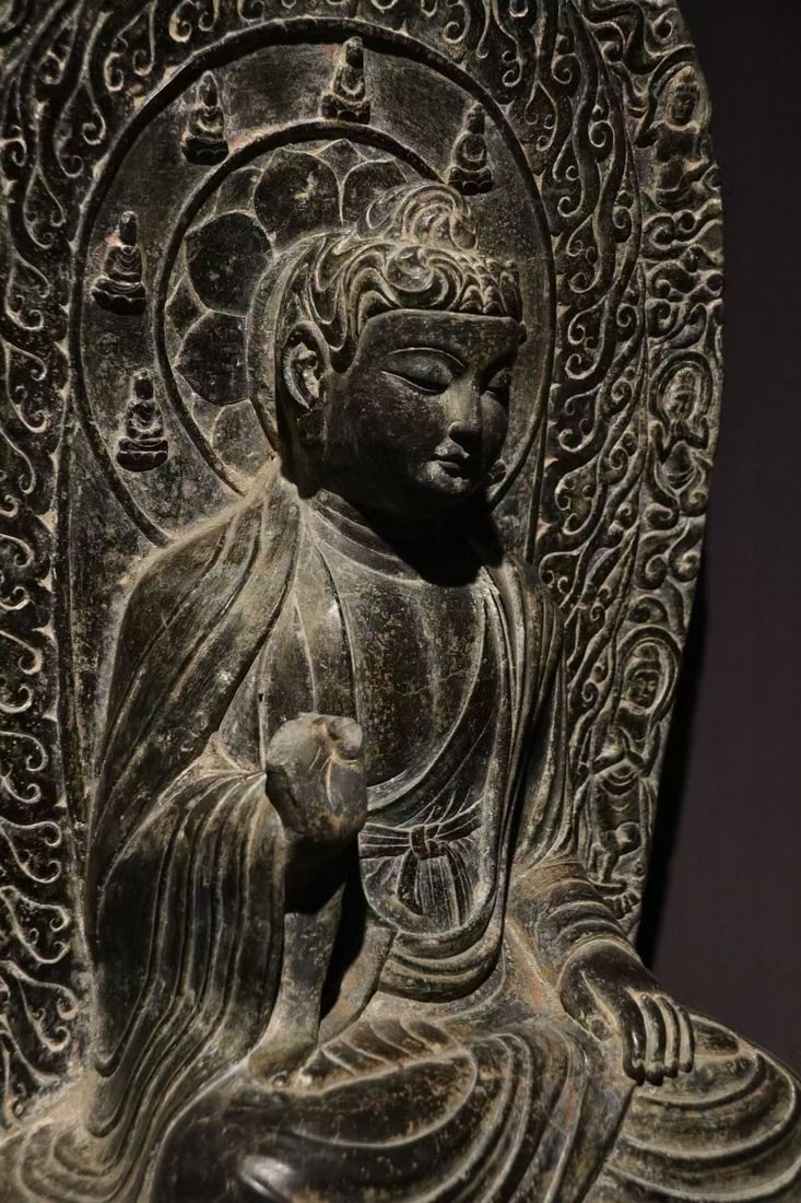 Grey-Stone Seated Buddha with Backrest - 4