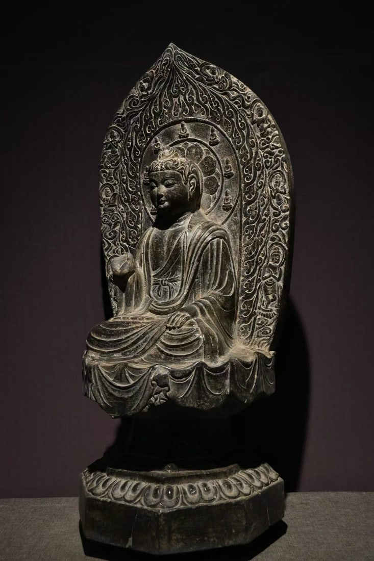 Grey-Stone Seated Buddha with Backrest - 5