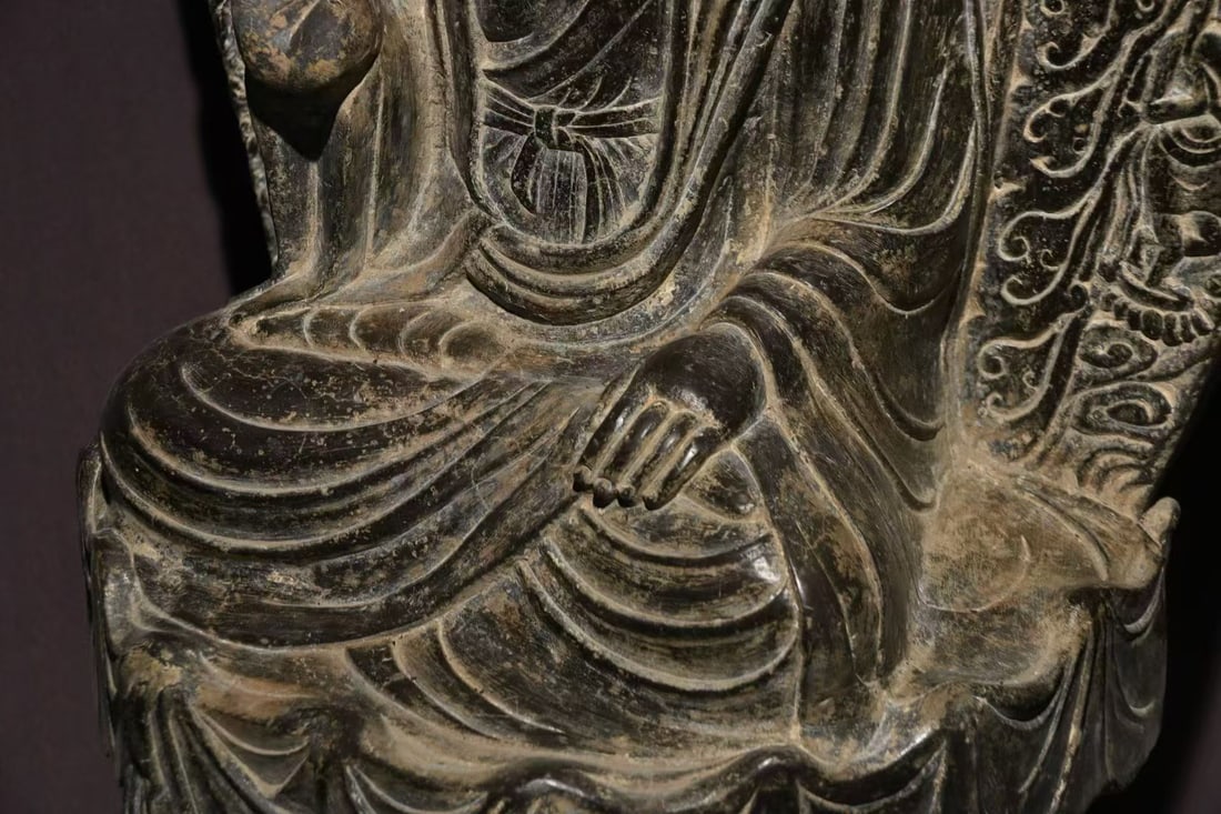Grey-Stone Seated Buddha with Backrest - 6