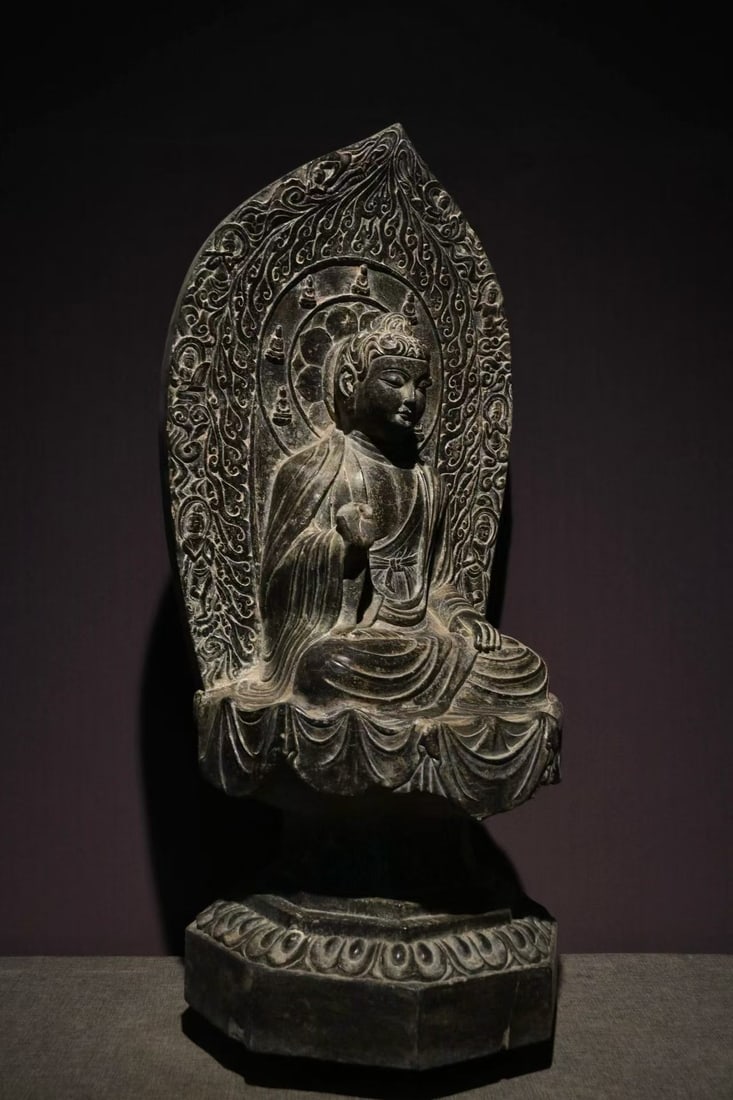 Grey-Stone Seated Buddha with Backrest - 8