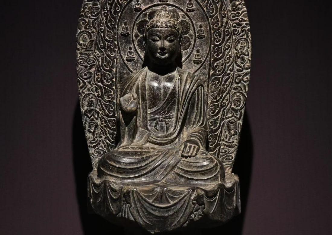 Grey-Stone Seated Buddha with Backrest - 9